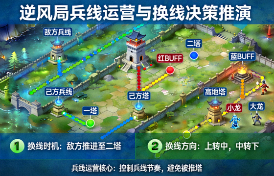 逆风局兵线运营与换线决策的地图线路推演示意图