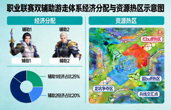 职业联赛双辅助游走体系的经济分配与地图资源热区示意图